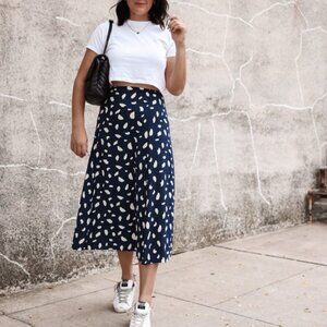 Reformation A-line Blue and White Pleated Midi Skirt